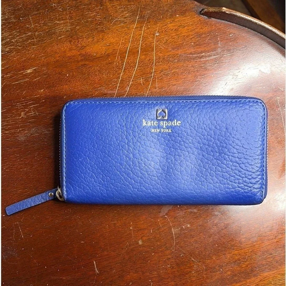 Kate Spade Blue Pebbled Leather Zip Around Wallet WLRU1689